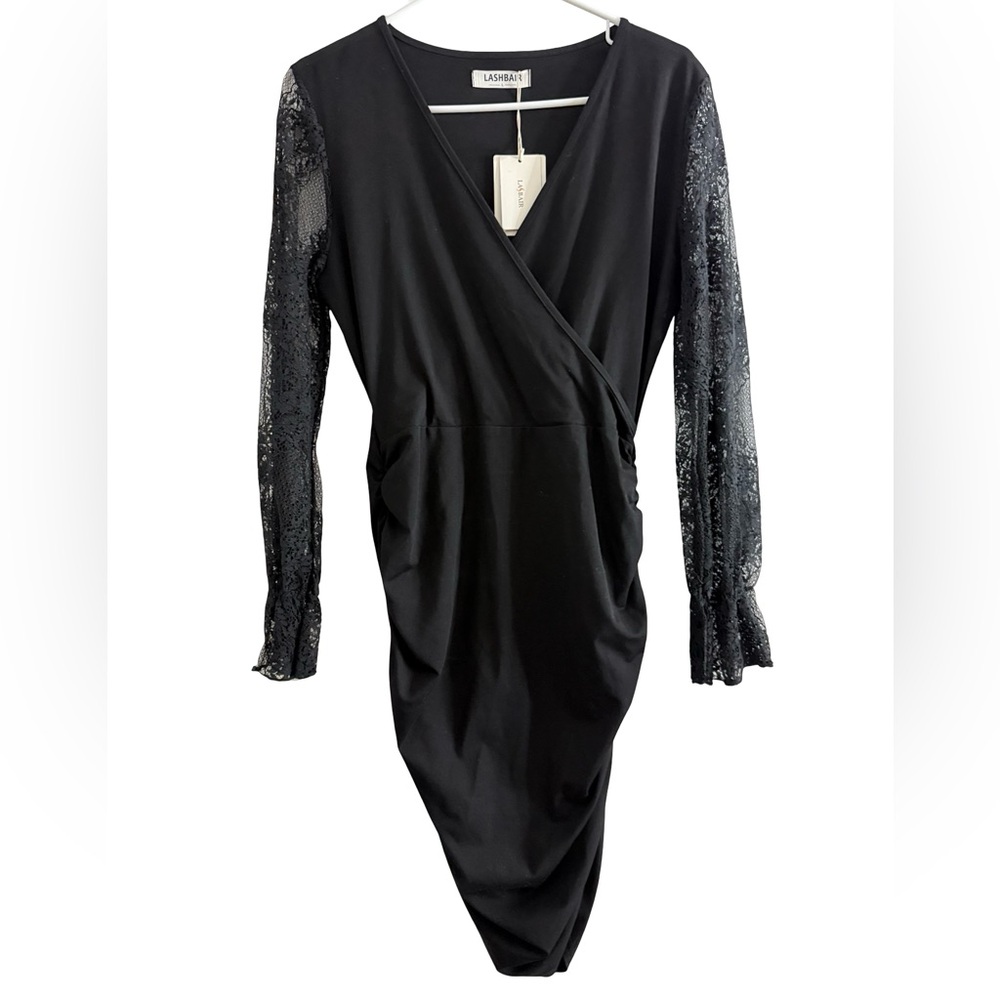 Lashbair Bodycon Cocktail Dress V Neck Lace Sleeves Large $79 Stretch Formal